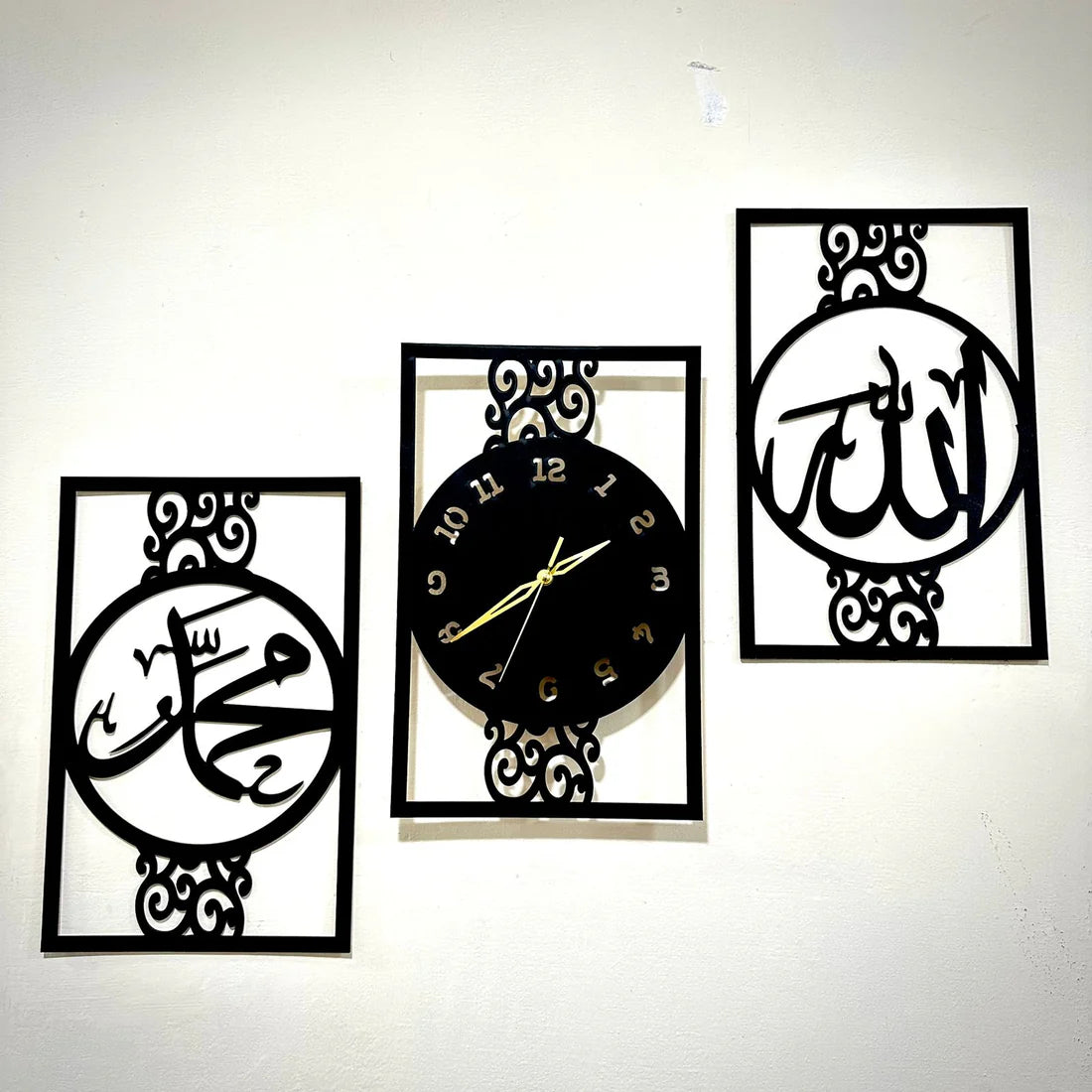 Premium Islamic 3D Wooden Wall Clock – Allah & Muhammad (ﷺ) Elegant Home & Office Decor