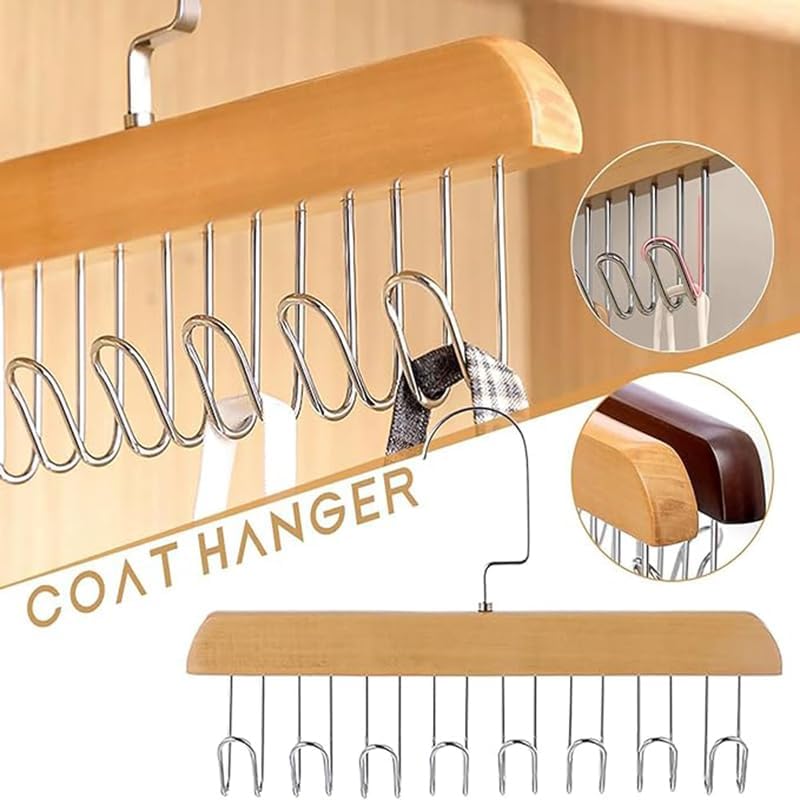 8-Hook Wooden Hanger | 360° Rotating Tie & Belt Organizer