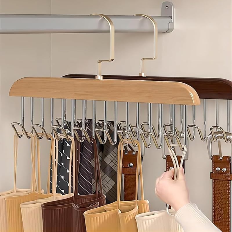 8-Hook Wooden Hanger | 360° Rotating Tie & Belt Organizer