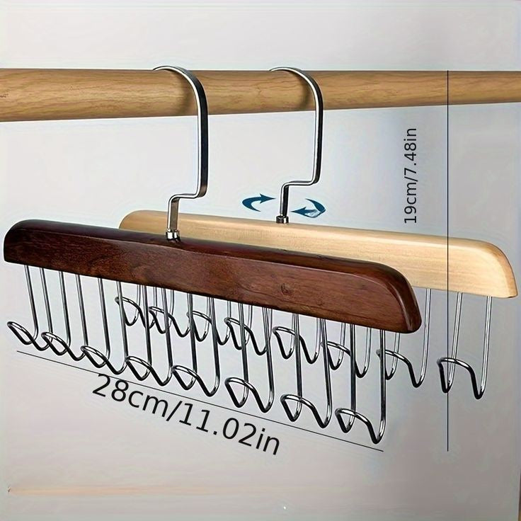 8-Hook Wooden Hanger | 360° Rotating Tie & Belt Organizer