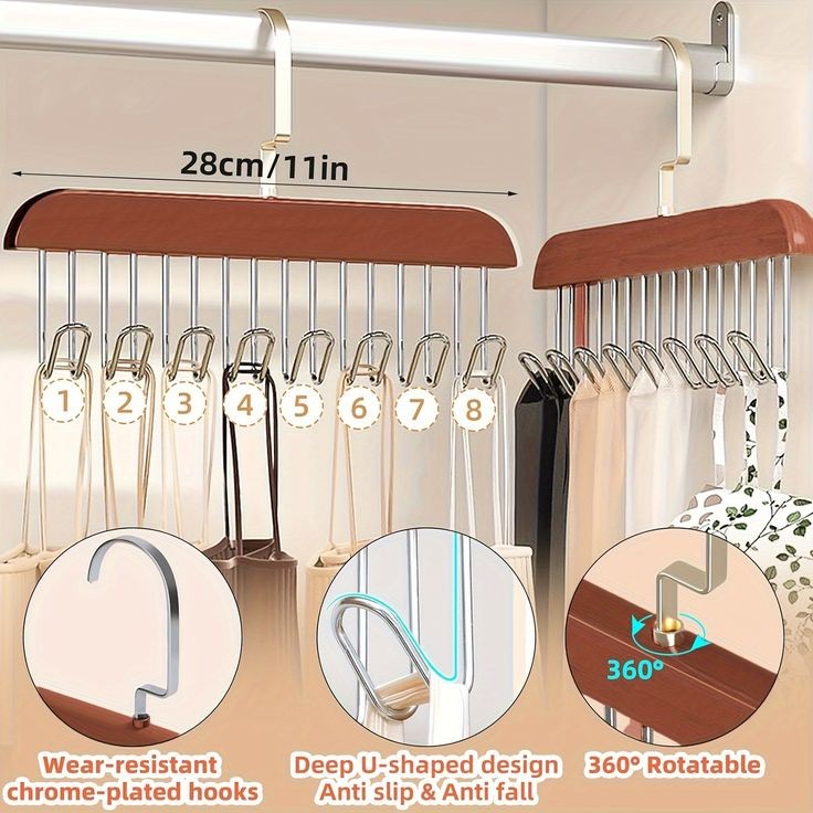 8-Hook Wooden Hanger | 360° Rotating Tie & Belt Organizer
