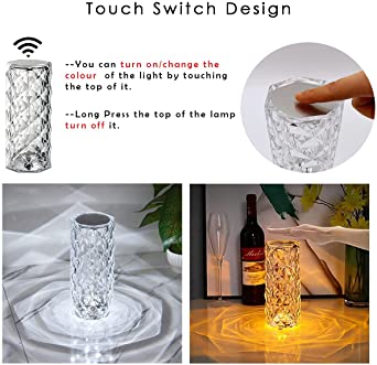 Rose Diamond Crystal Table Lamp – 16-Color RGB LED Touch & Remote Control Night Light | USB Rechargeable Portable Ambient Lamp
