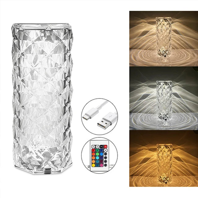 Rose Diamond Crystal Table Lamp – 16-Color RGB LED Touch & Remote Control Night Light | USB Rechargeable Portable Ambient Lamp