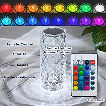 Rose Diamond Crystal Table Lamp – 16-Color RGB LED Touch & Remote Control Night Light | USB Rechargeable Portable Ambient Lamp
