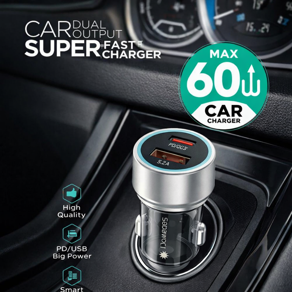 Sabawoon S134 60W PD Car Charger | Dual USB & Type-C Fast Charging Adapter
