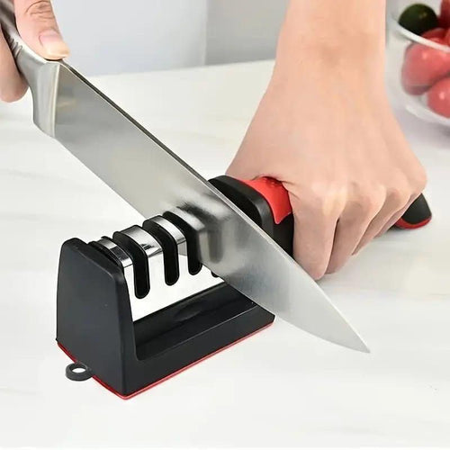 3-Stage Kitchen Knife Sharpener | Manual Knife Sharpening Tool with Non-Slip Base