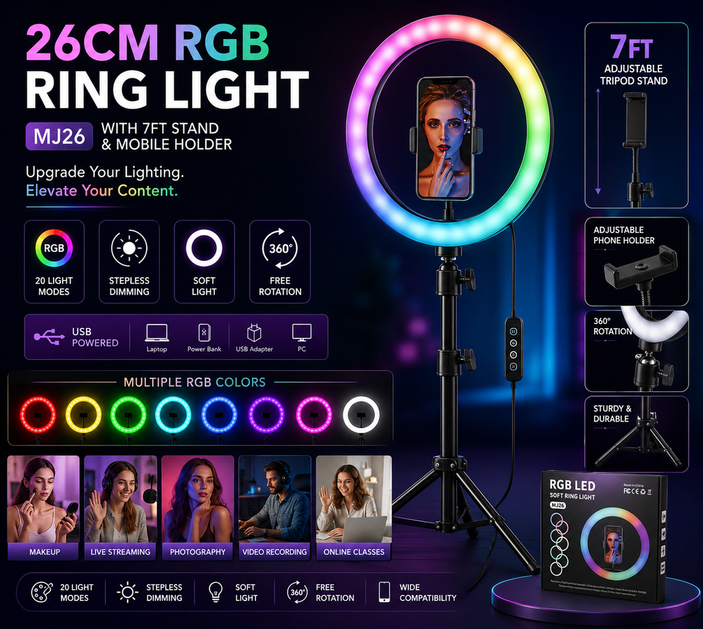 Professional 26cm RGB Ring Light | 7ft Stand & Mobile Holder for Streaming & Makeup
