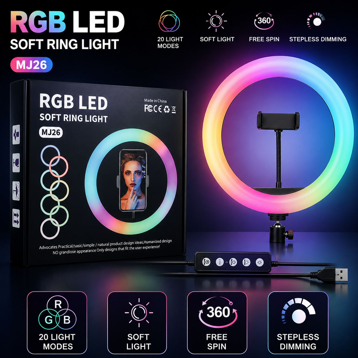 Professional 26cm RGB Ring Light | 7ft Stand & Mobile Holder for Streaming & Makeup