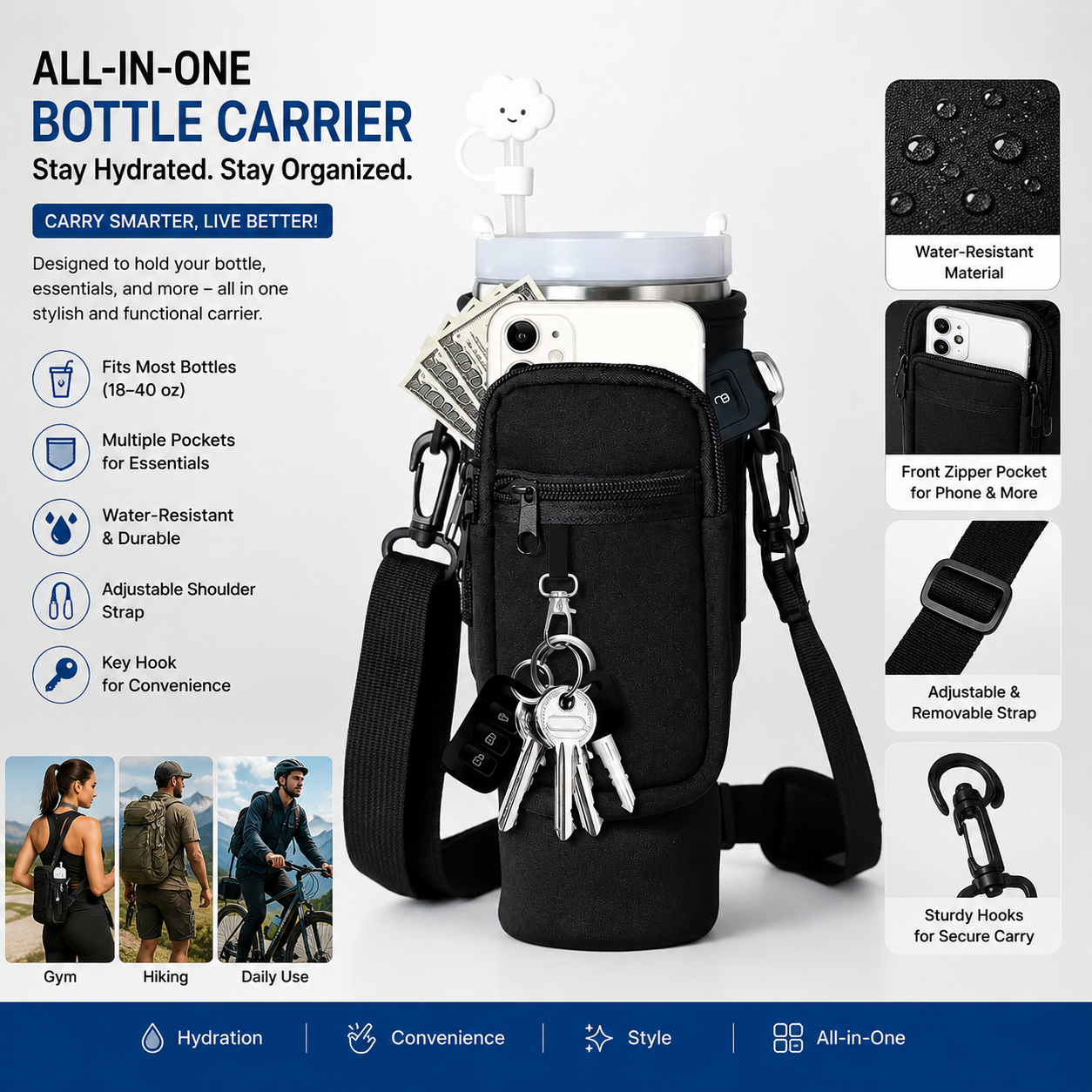 Tumbler Bottle Carrier Bag | Portable Protective Sleeve with Adjustable Shoulder Strap (Random Color)